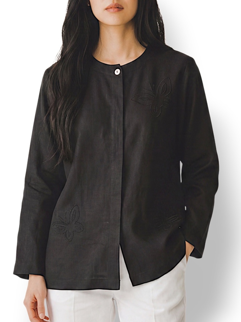 4/$20 David Dart Collection Linen Black Button Front Butterfly Inset Jacket Top